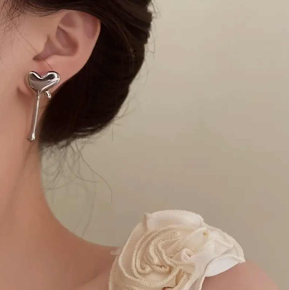 Silver Molten Heart Kpop Earrings