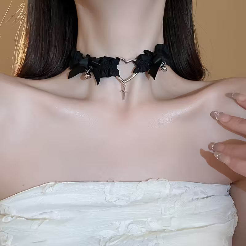 Black Ribbon Cross Choker on model