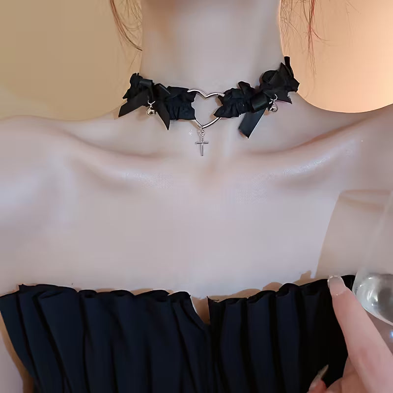 Black Ribbon Cross Choker on model