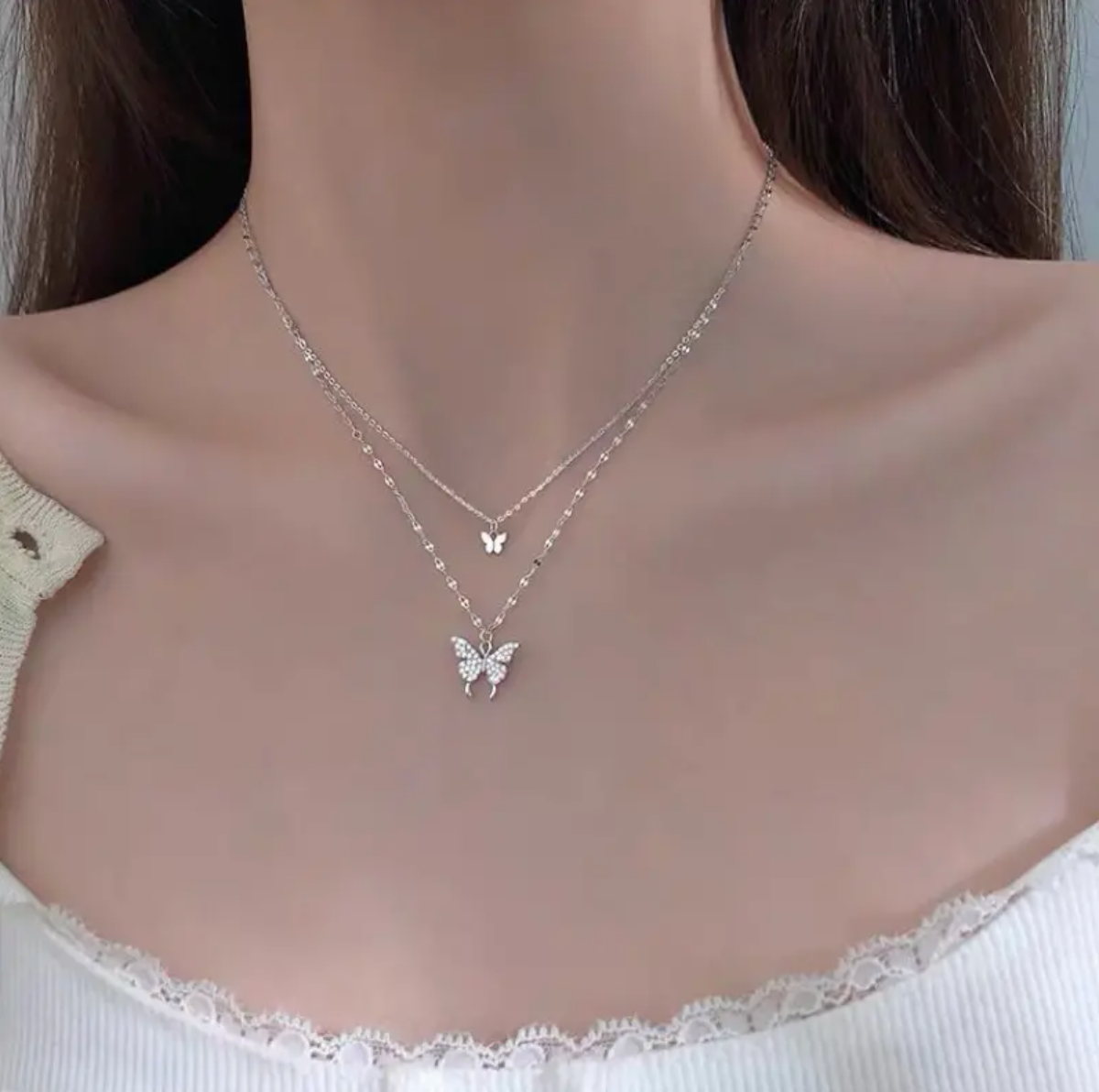 Double Butterfly Layered Necklace (Gold/Silver)