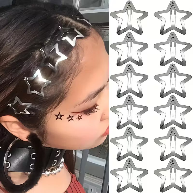Star-shaped hair clips on a person's head with a close-up of the clips on the right.