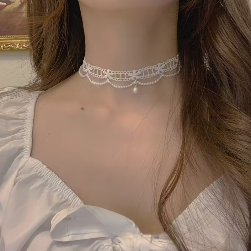 white lace necklace with pearl detail